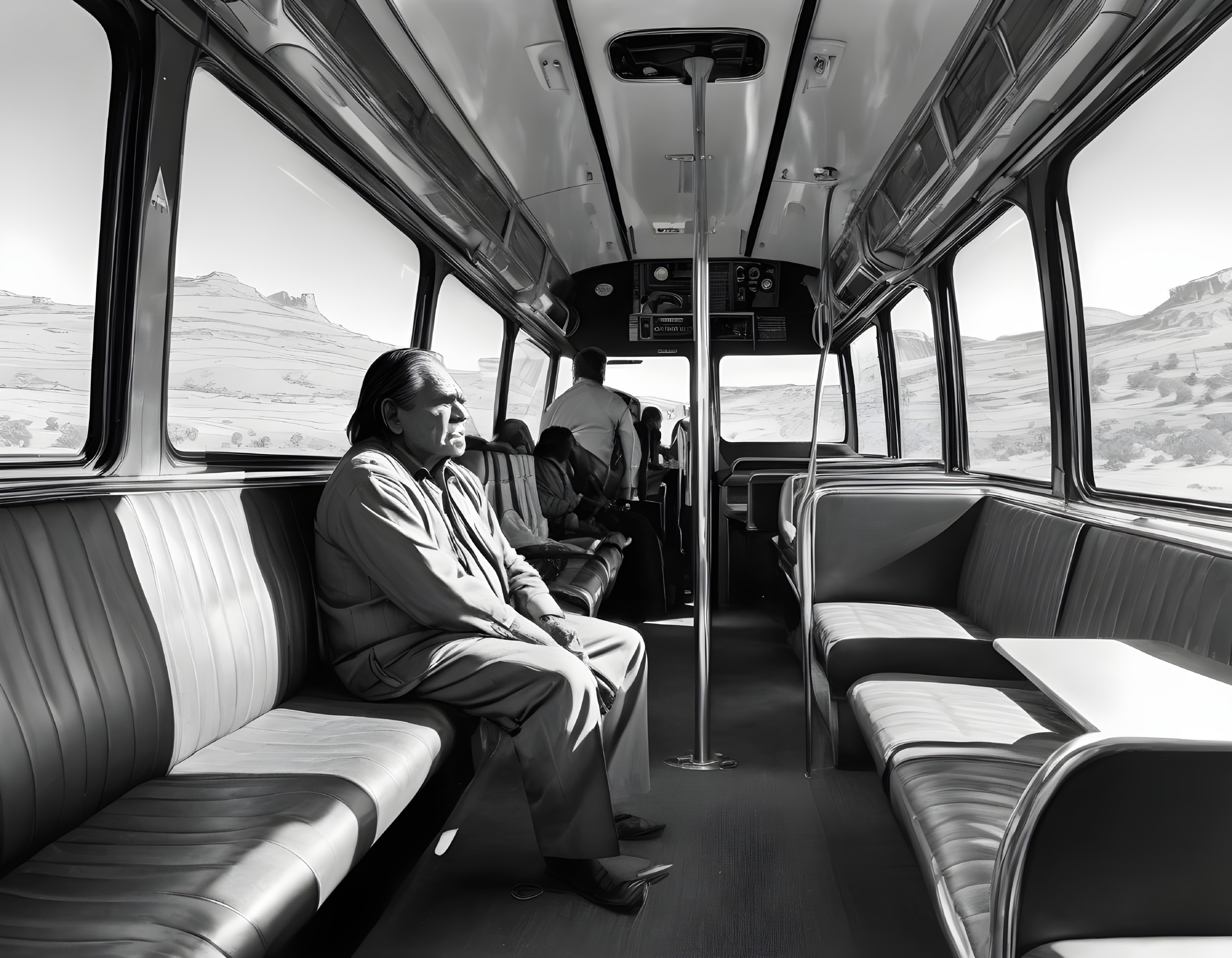 Monochrome photo of person on bus looking out window
