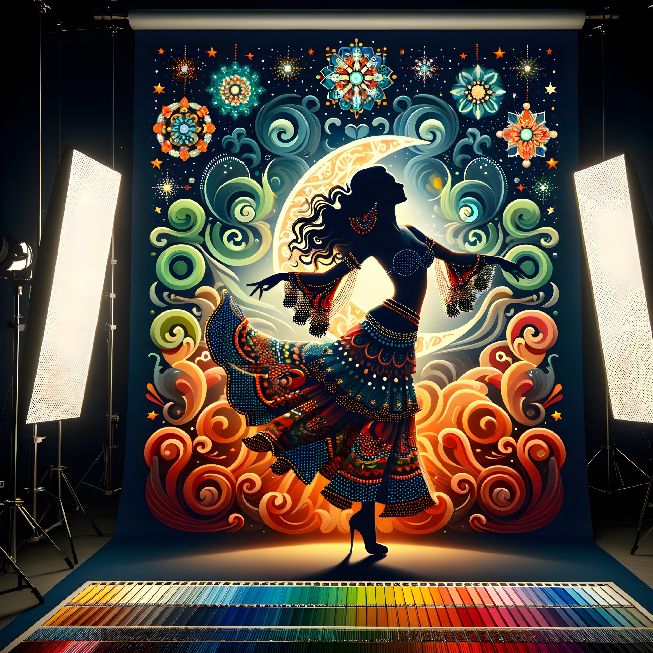 Silhouette dancer on vibrant tapestry with floral and cosmic patterns