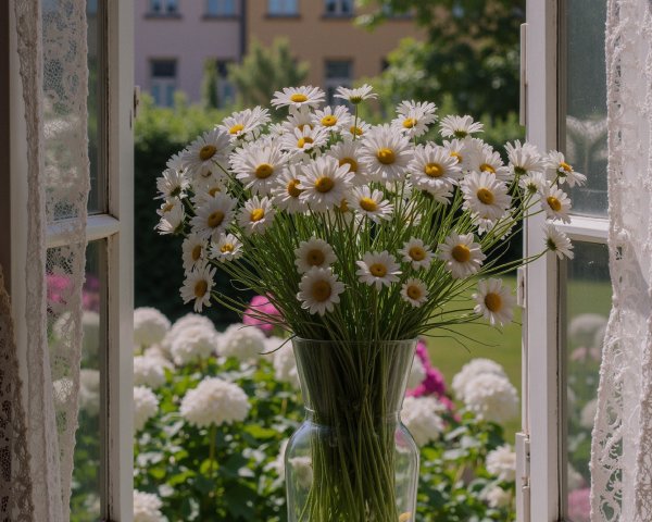 White Daisies in Glass Vase on Sunlit Windowsill
