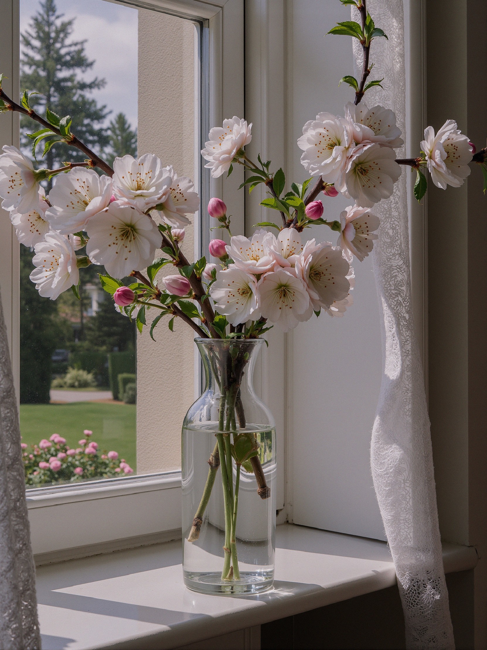 Cherry Blossoms in Glass Vase by Window with Garden View
