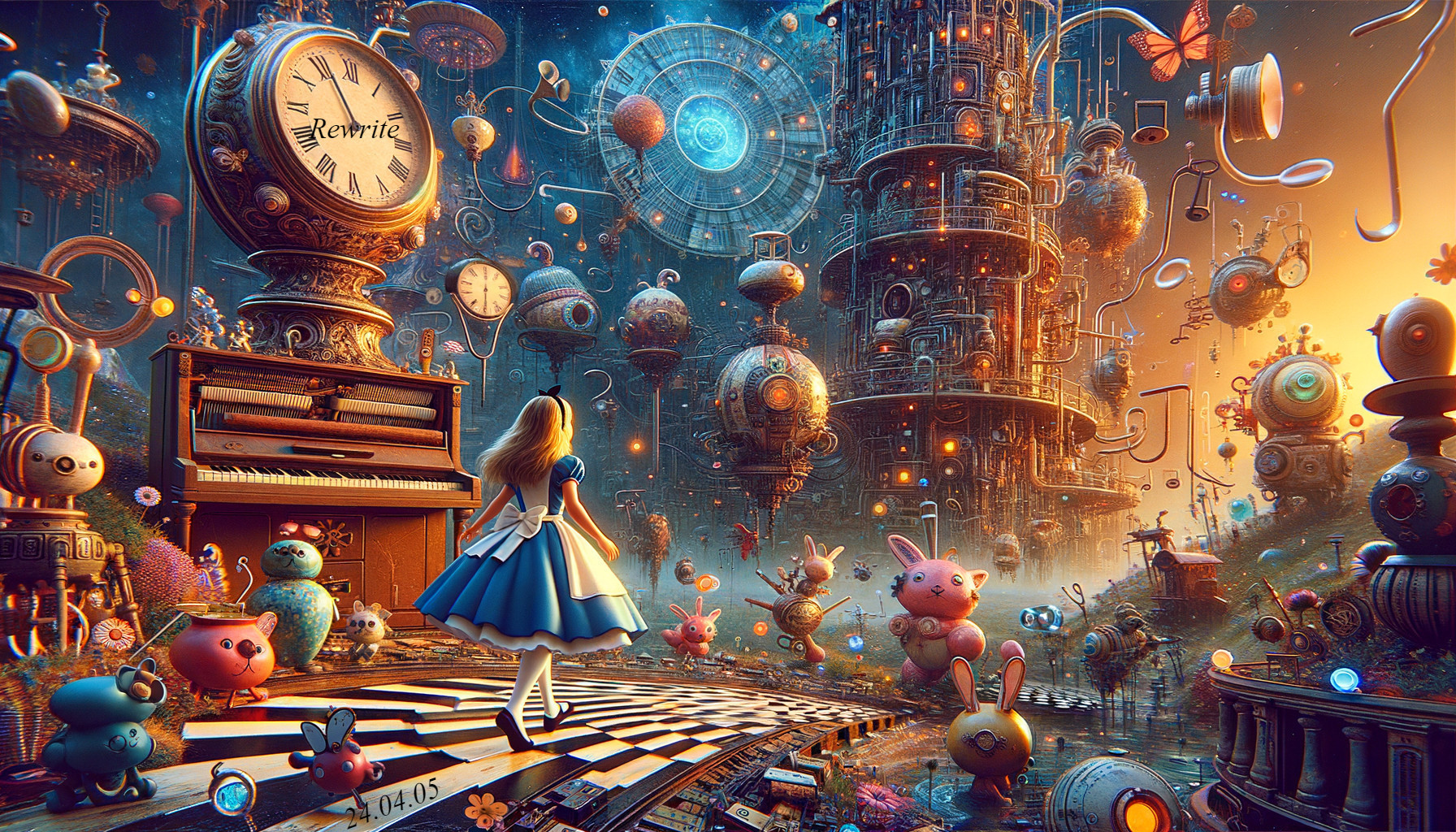 Surreal Landscape with Giant Piano Keyboard and Creatures
