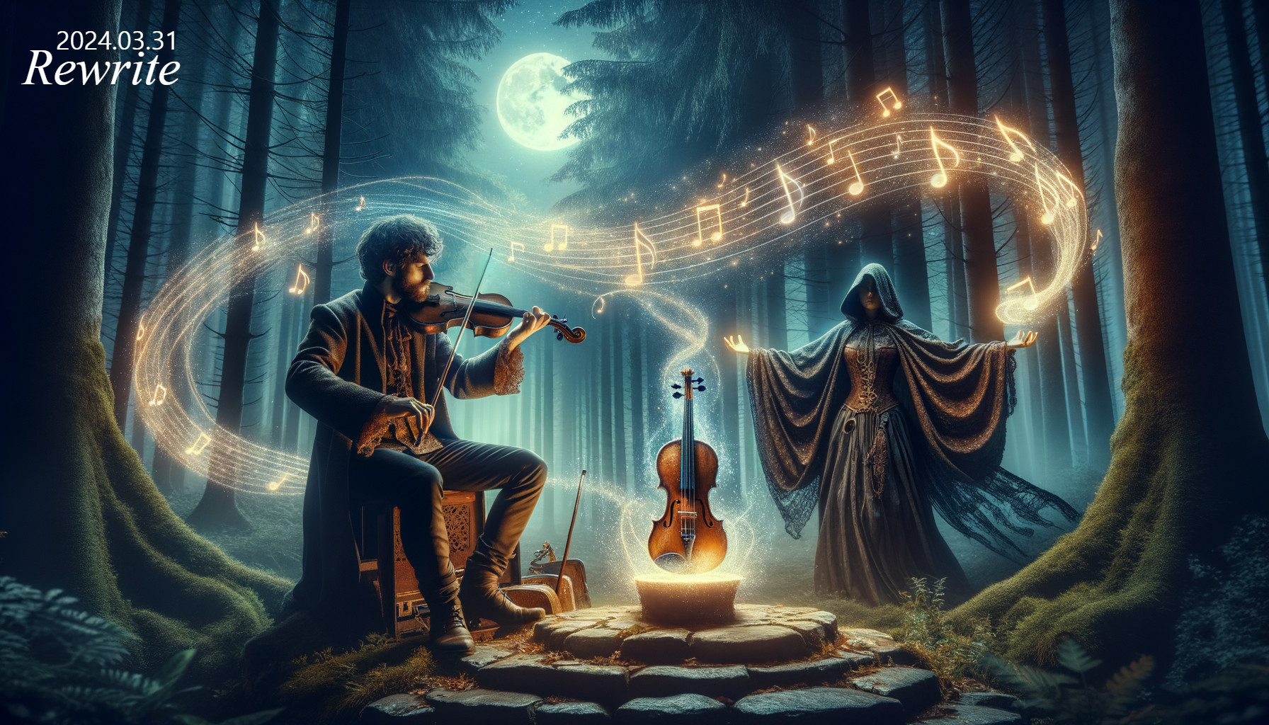 Violinist performs in mystical moonlit forest with swirling musical notes and cloaked figure.