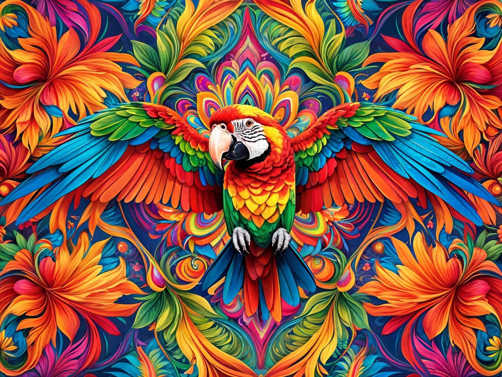 Vibrant Macaw in Flight Amid Tropical Flowers and Foliage