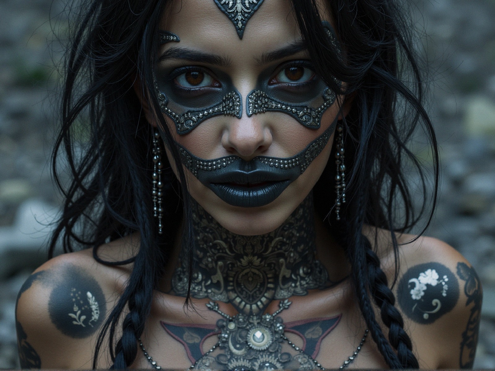 Woman with Intricate Body Art and Dramatic Makeup