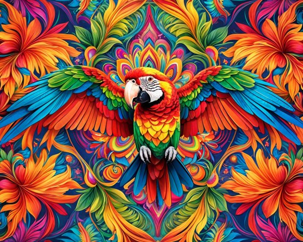 Vibrant Macaw in Flight Amid Tropical Flowers and Foliage