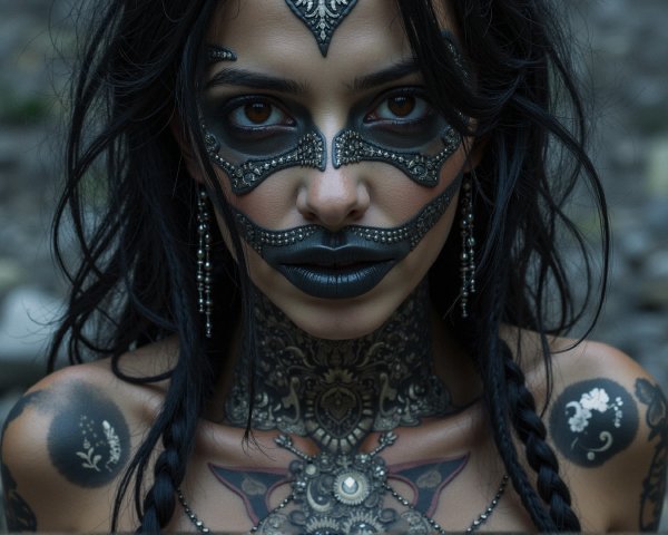 Woman with Intricate Body Art and Dramatic Makeup
