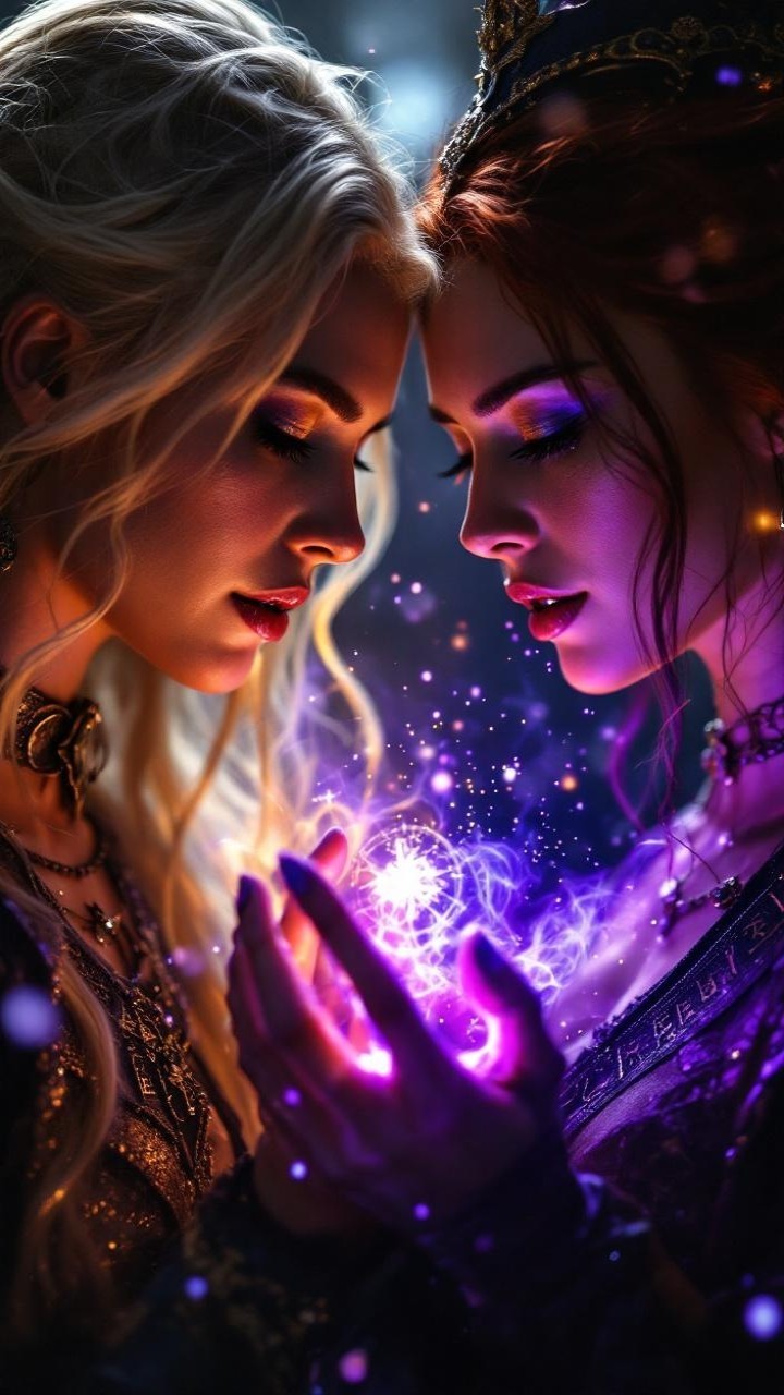 Enchanted figures with mystical light and purple orb