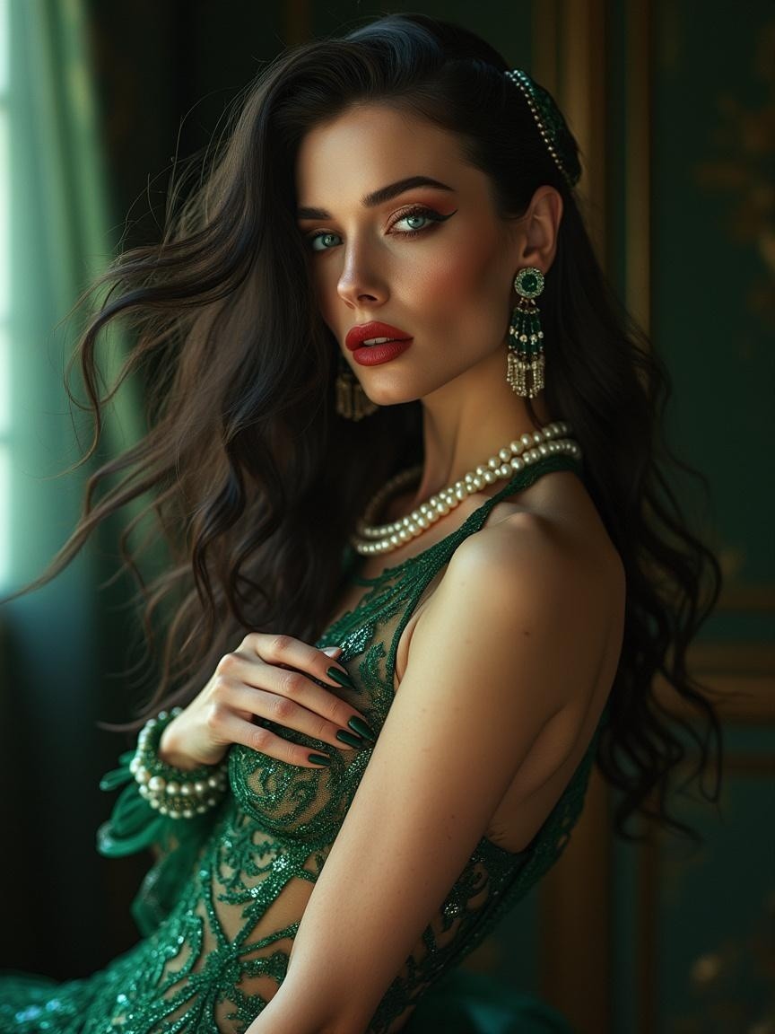 Elegant Woman in Rich Green Gown with Beadwork
