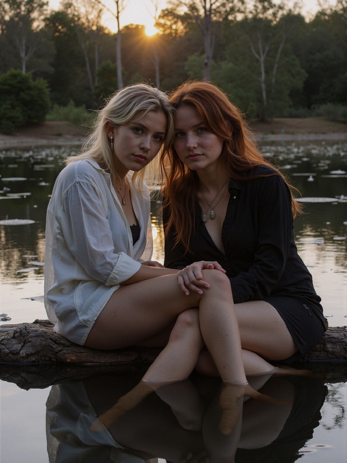 Women Relaxing on a Log by a Calm Lake at Sunset