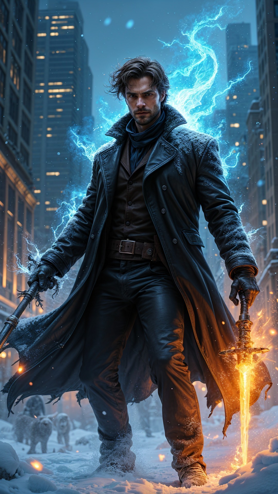 Brooding Figure in Snowy Urban Landscape with Lightning