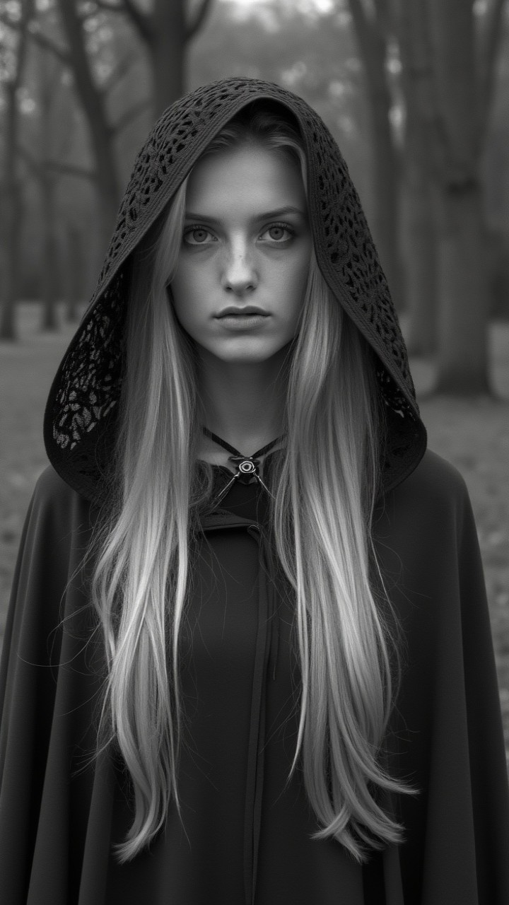Young woman in a misty forest with a black hood
