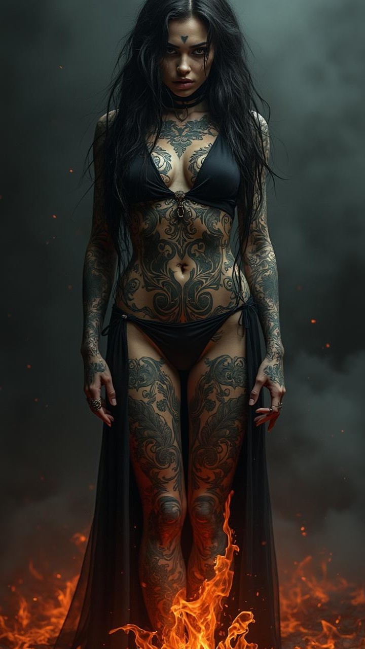 Figure Surrounded by Smoke and Flames with Tattoos