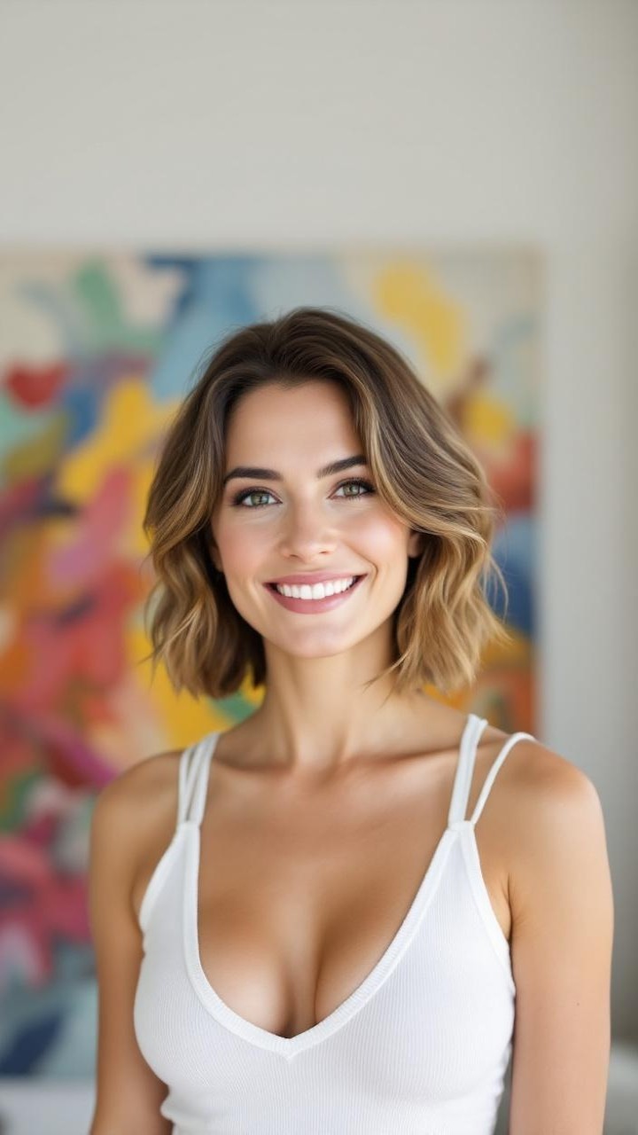 Woman with Radiant Smile Against Colorful Background