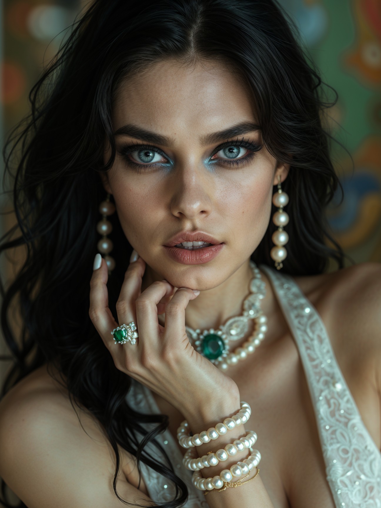 Portrait of a Woman with Dark Hair and Elegant Jewelry
