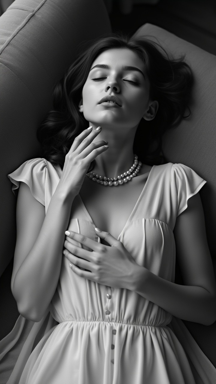 Elegant Woman Reclining on Sofa in Black and White