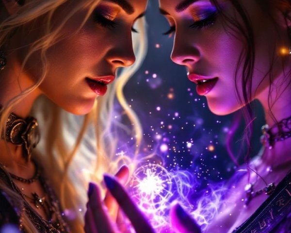 Enchanted figures with mystical light and purple orb