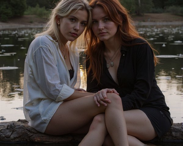 Women Relaxing on a Log by a Calm Lake at Sunset