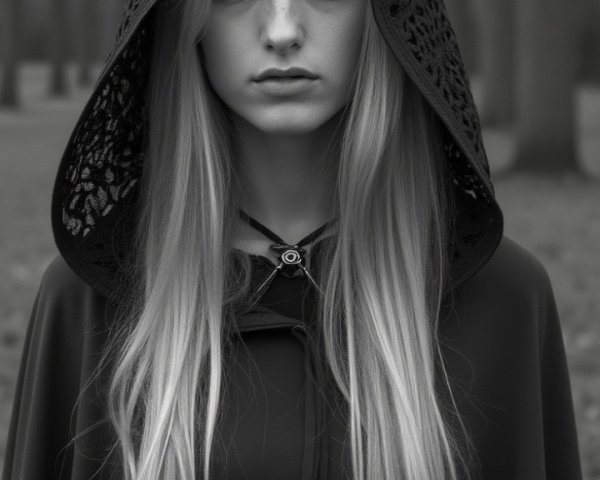 Young woman in a misty forest with a black hood