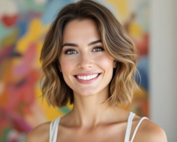Woman with Radiant Smile Against Colorful Background