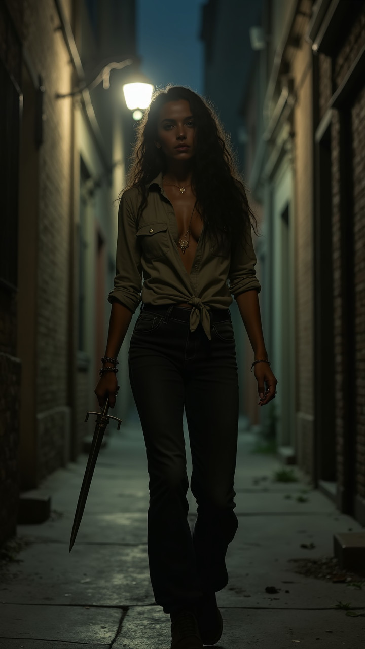 Confident Young Woman with Sword in Dim Alley