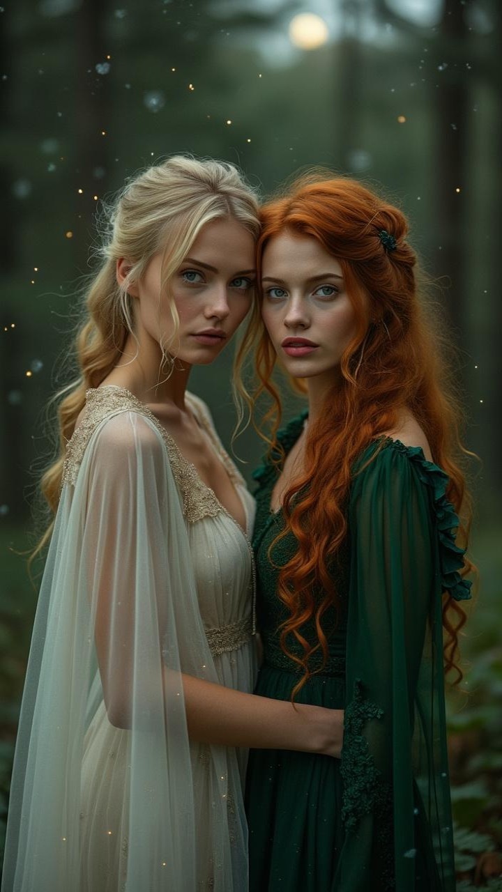 Young Women in a Serene Forest with Magical Atmosphere