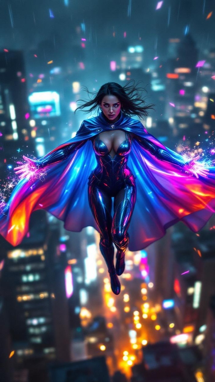 Dynamic figure in vibrant suit soaring through cityscape