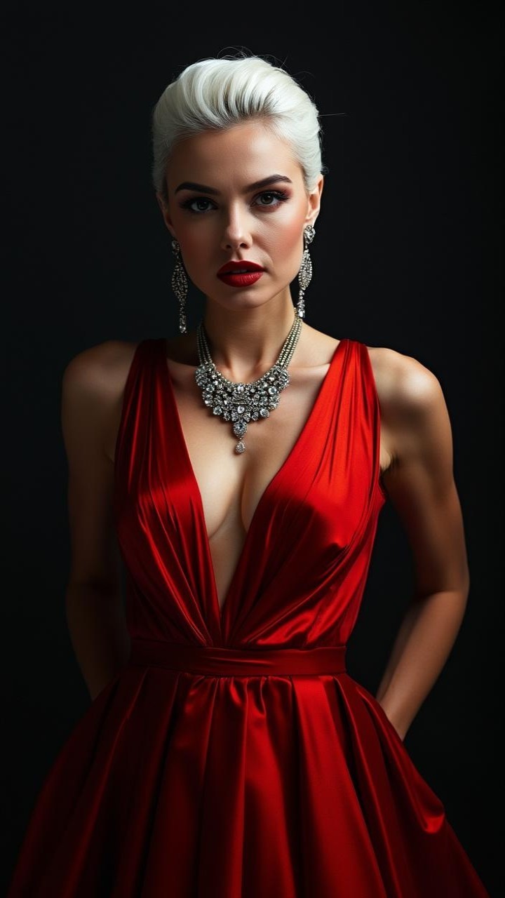 Confident Woman in Red Satin Gown Against Dark Backdrop