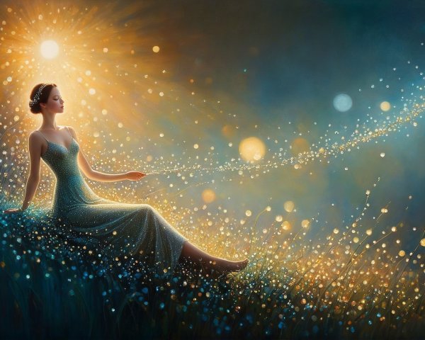 Serene figure in dreamlike golden landscape scene