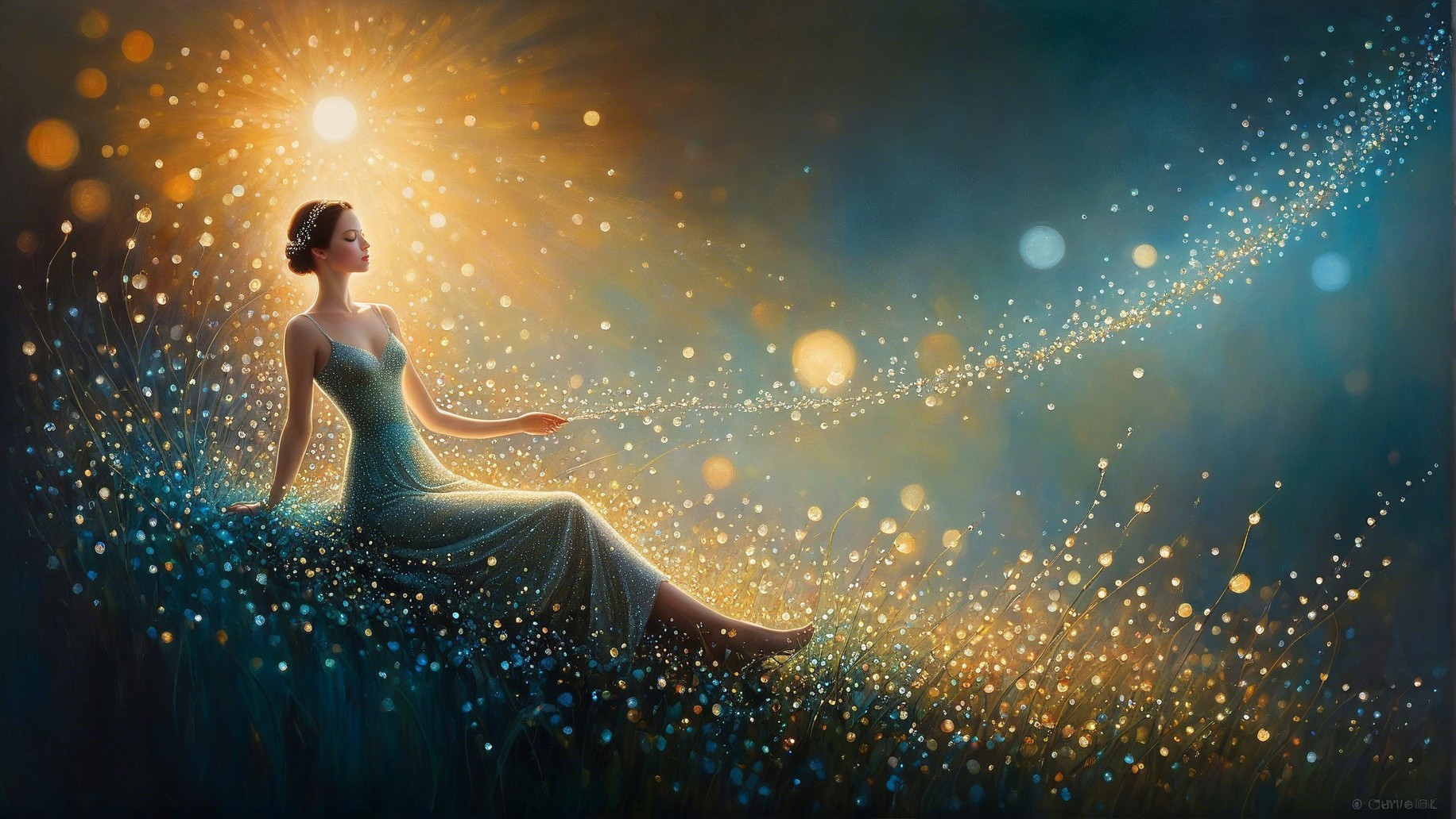 Serene figure in dreamlike golden landscape scene