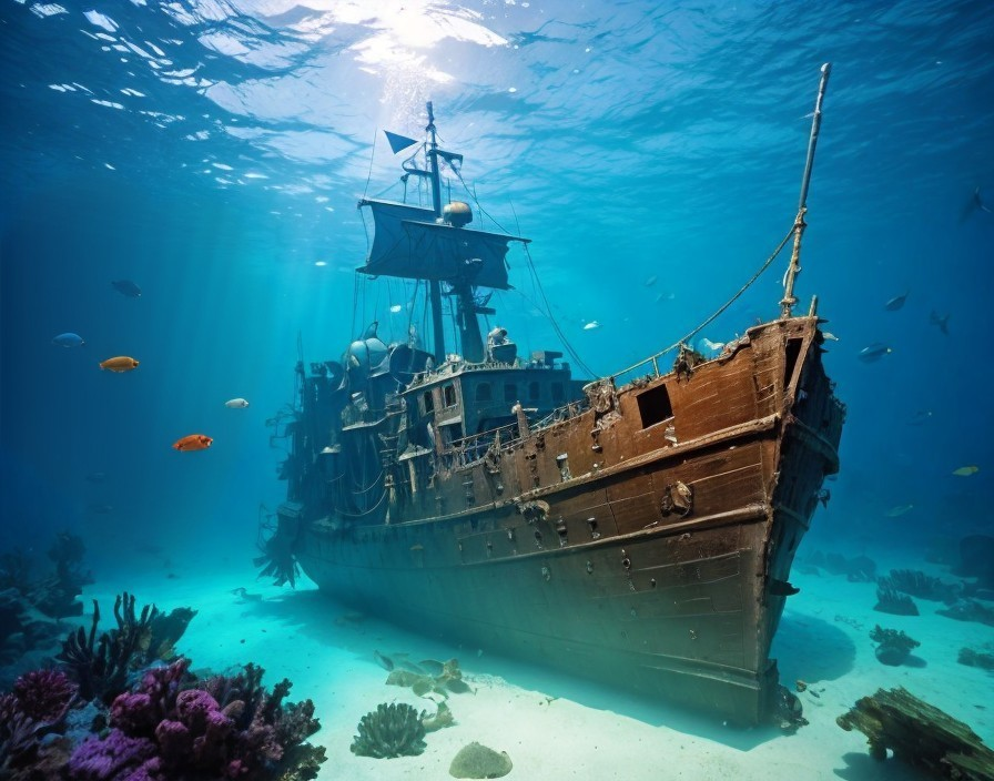 Eerie Sunken Ship Surrounded by Vibrant Coral and Fish