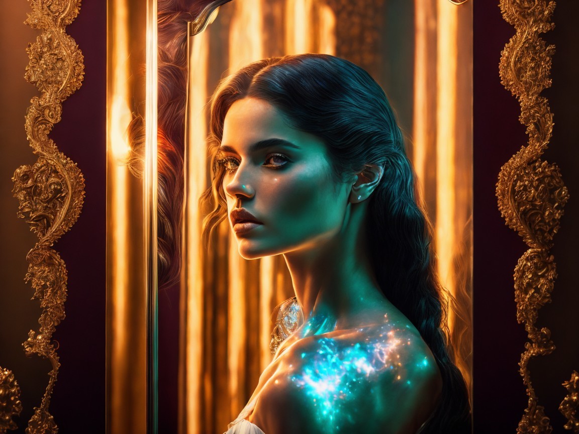 Portrait of a Woman with Dark Hair and Golden Mirrors