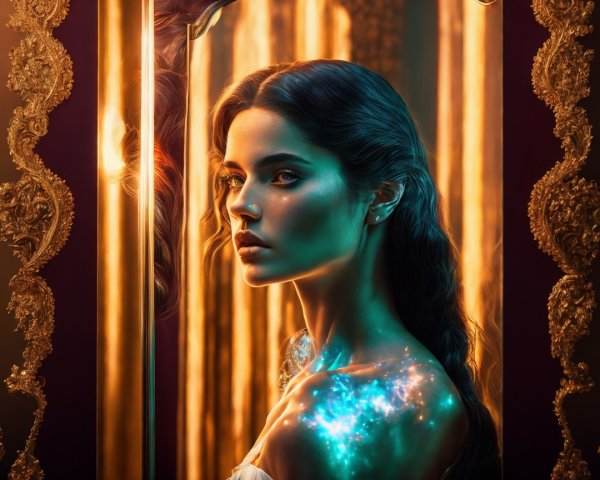 Portrait of a Woman with Dark Hair and Golden Mirrors