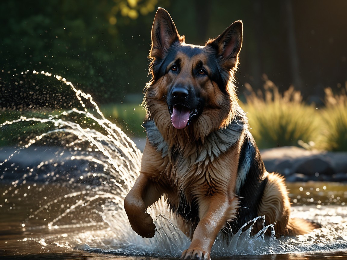 German Shepherd Playing in Sunlit Pond Scene