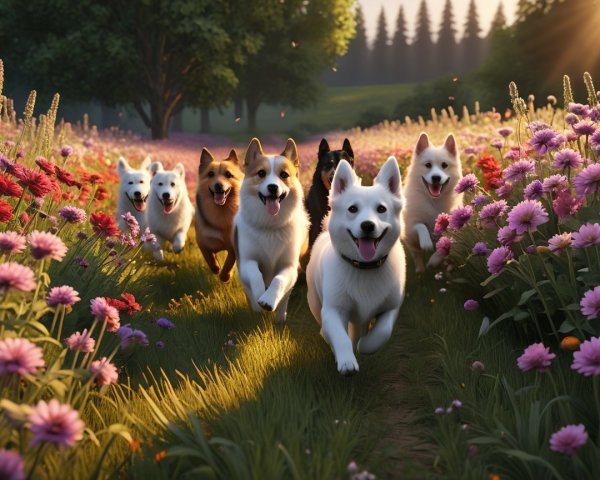 Dogs Playing in a Colorful Flower Field Under Sunlight