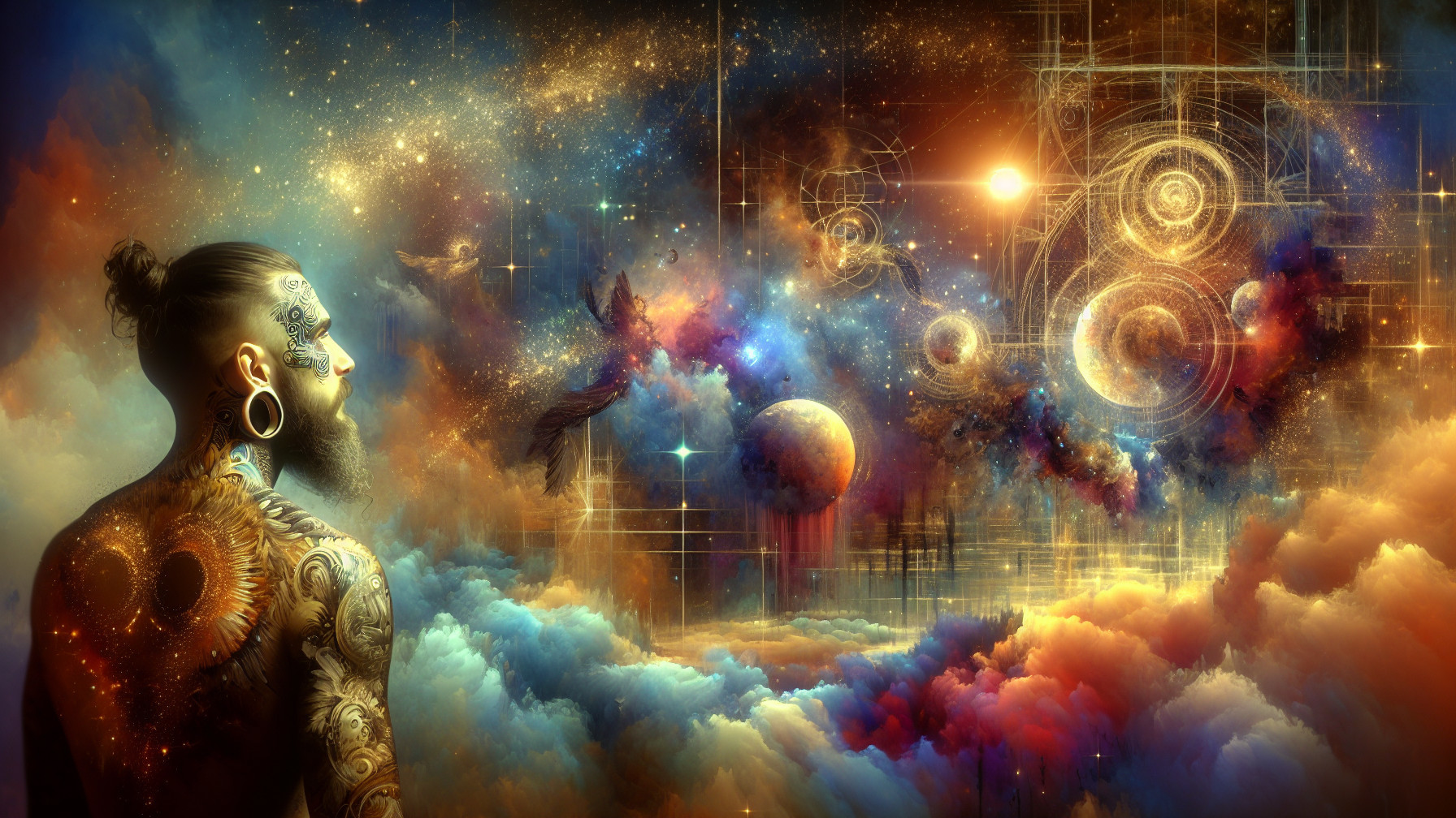 Contemplative Figure in Cosmic Landscape with Tattoos