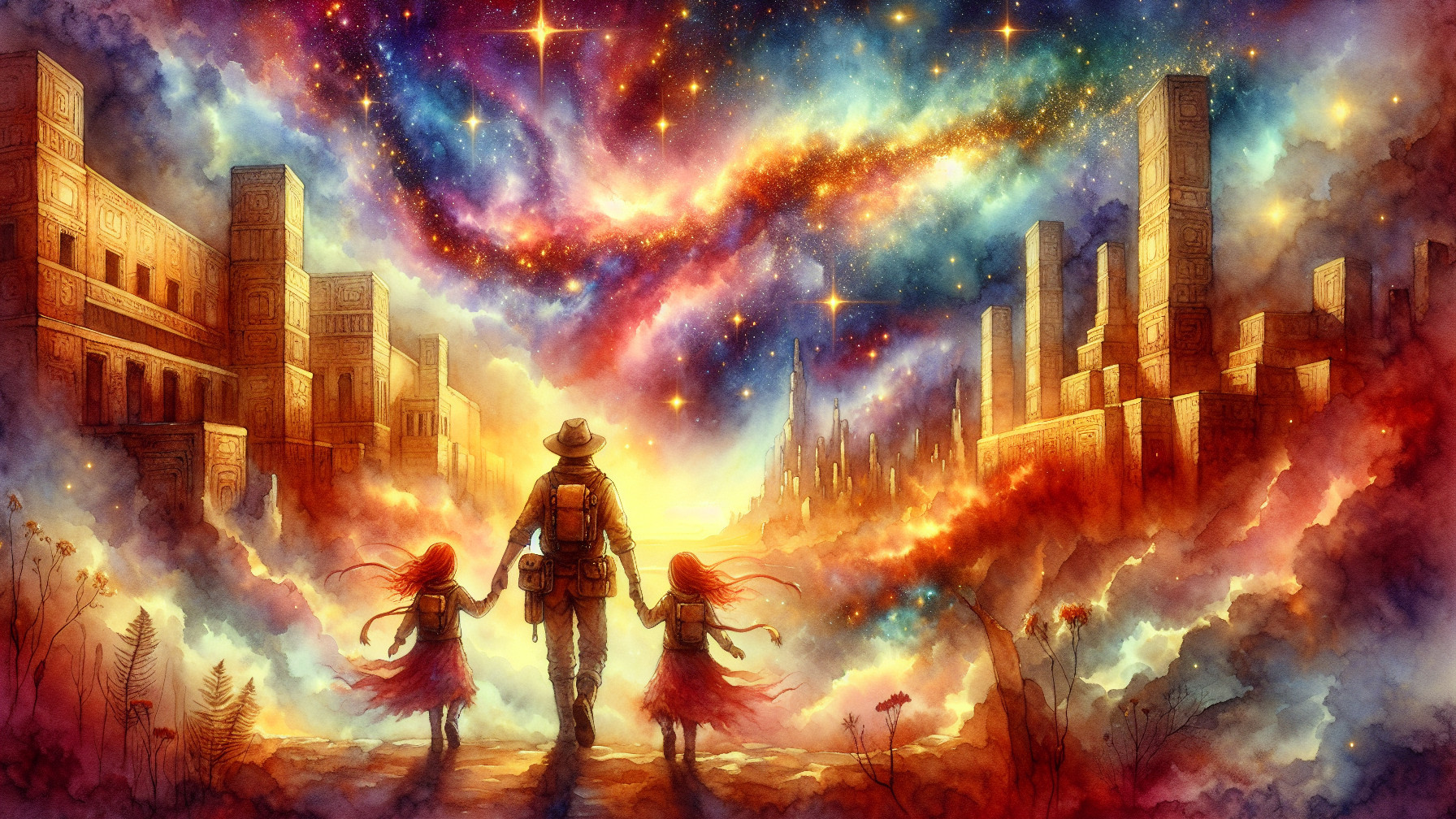 Vibrant Cosmic Landscape with Figures and Ancient Ruins