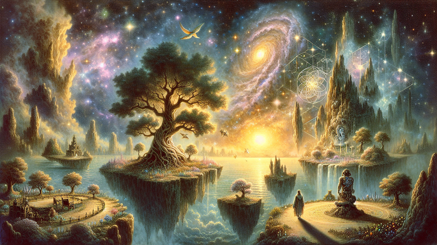 Surreal Landscape with Floating Islands and Stars
