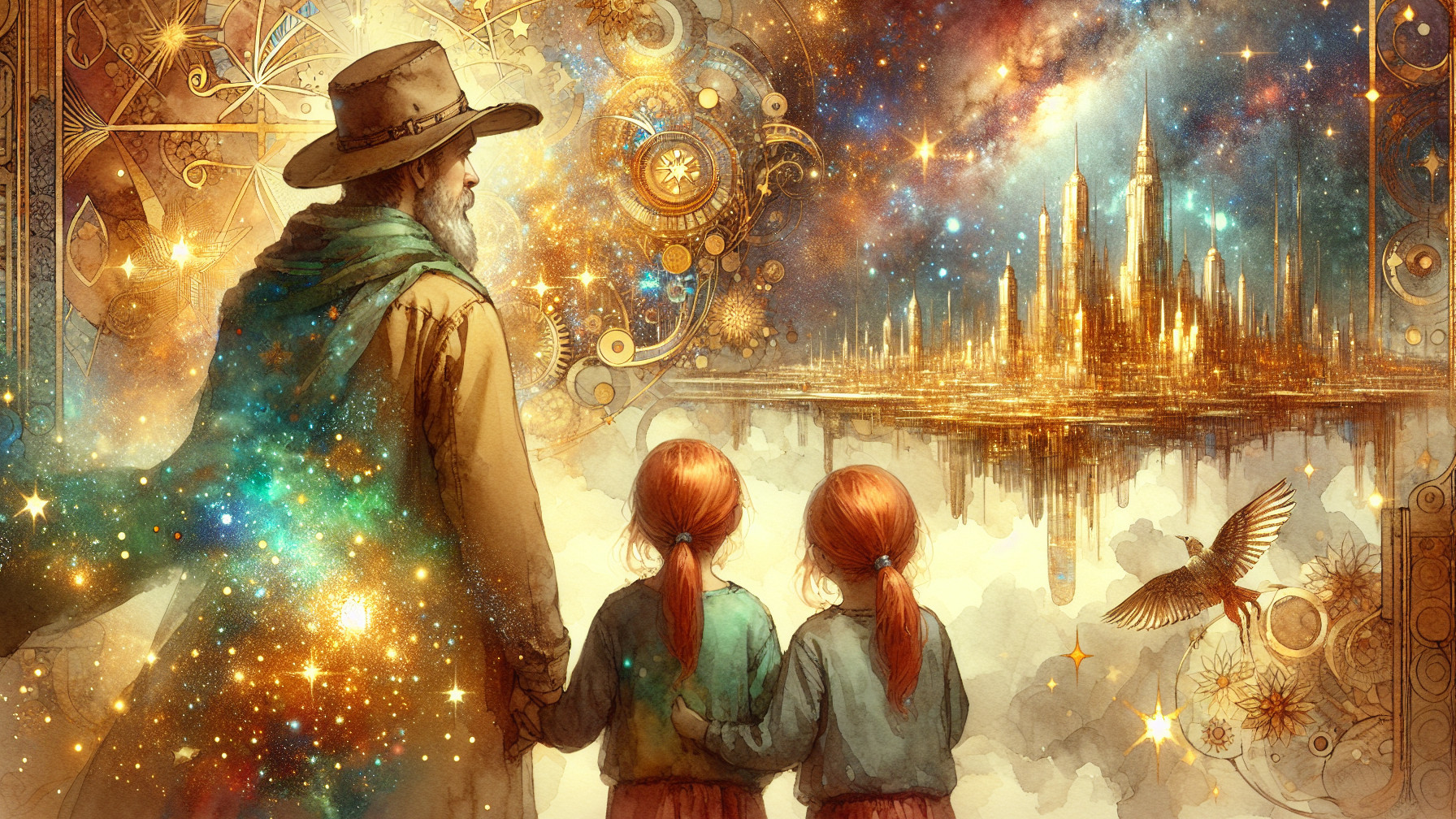 Wise Figure with Girls in Cosmic Landscape Scene