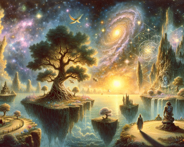 Surreal Landscape with Floating Islands and Stars