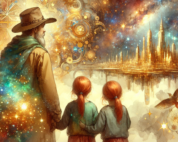 Wise Figure with Girls in Cosmic Landscape Scene
