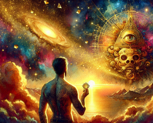 Cosmic Landscape with Tattoos and Celestial Elements