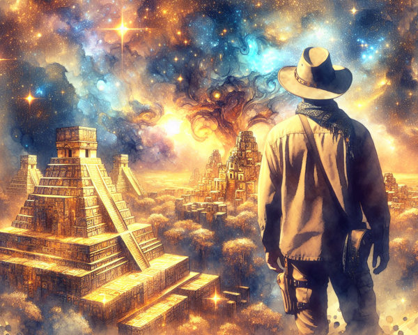 Lone Explorer in a Vibrant Cosmic Landscape with Pyramids