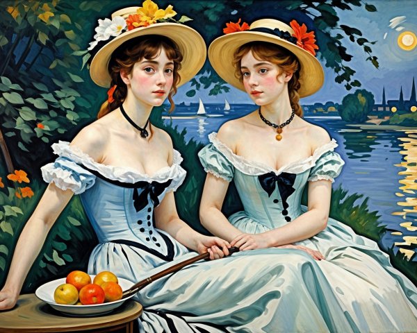 Two Women by a Lakeside at Dusk in Elegant Dresses