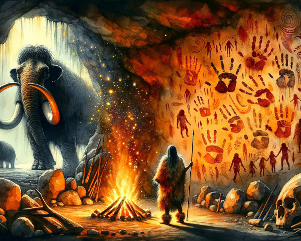 Prehistoric Cave with Fire, Hunter, and Mammoths