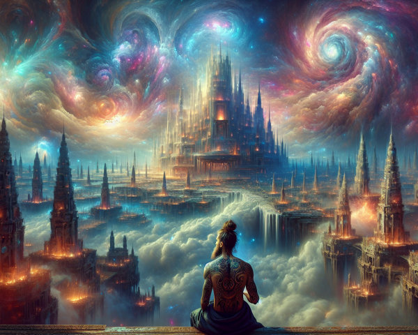Contemplative Figure Overlooks Cosmic Landscape