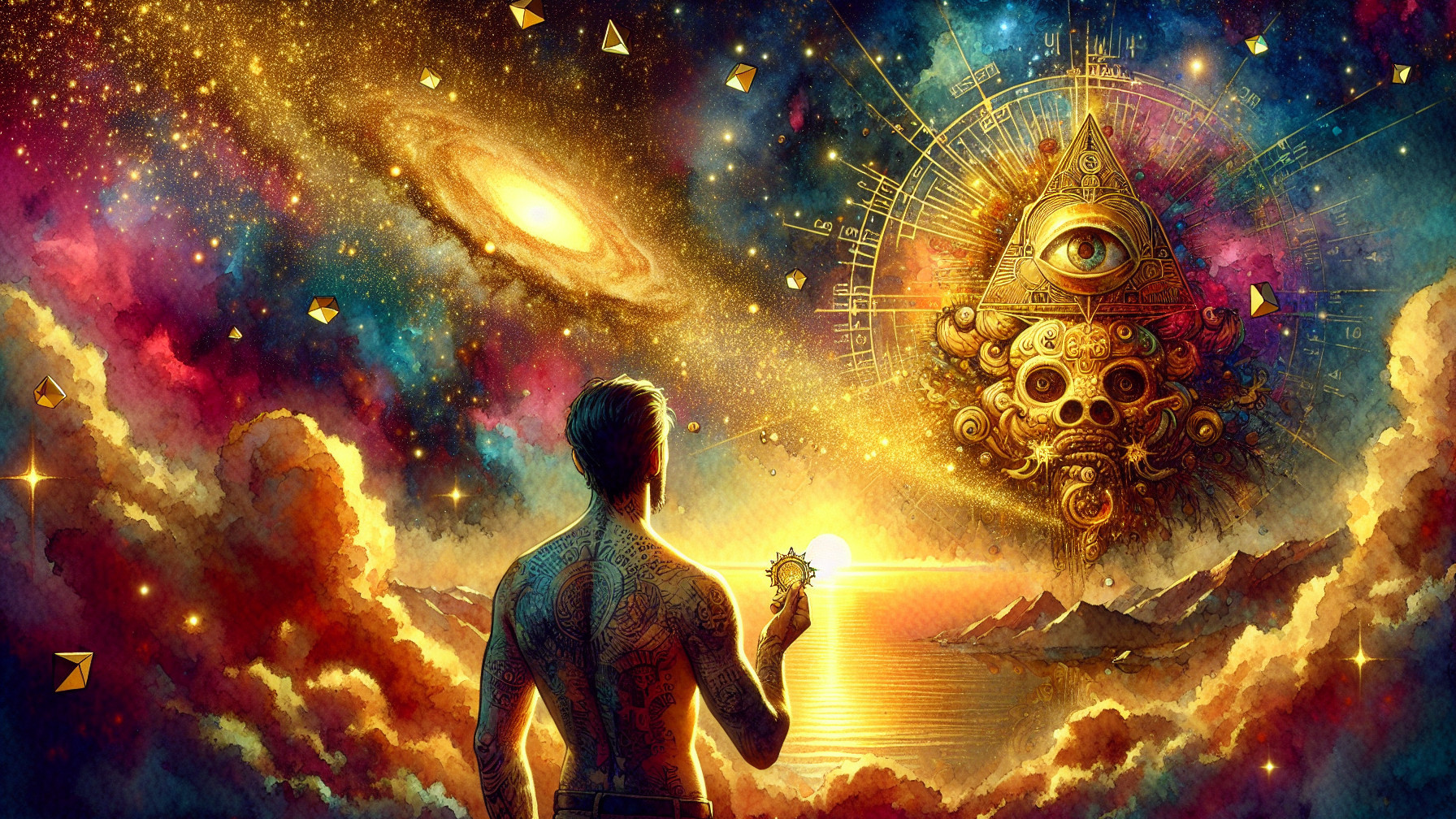 Cosmic Landscape with Tattoos and Celestial Elements