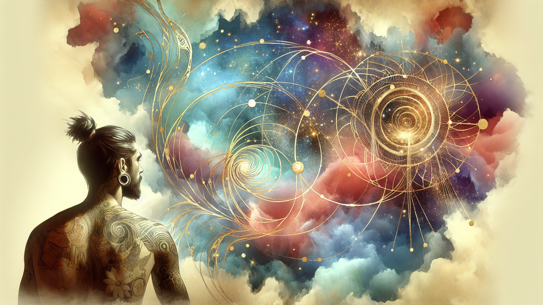 Contemplative Figure with Intricate Tattoos in Cosmic Scene