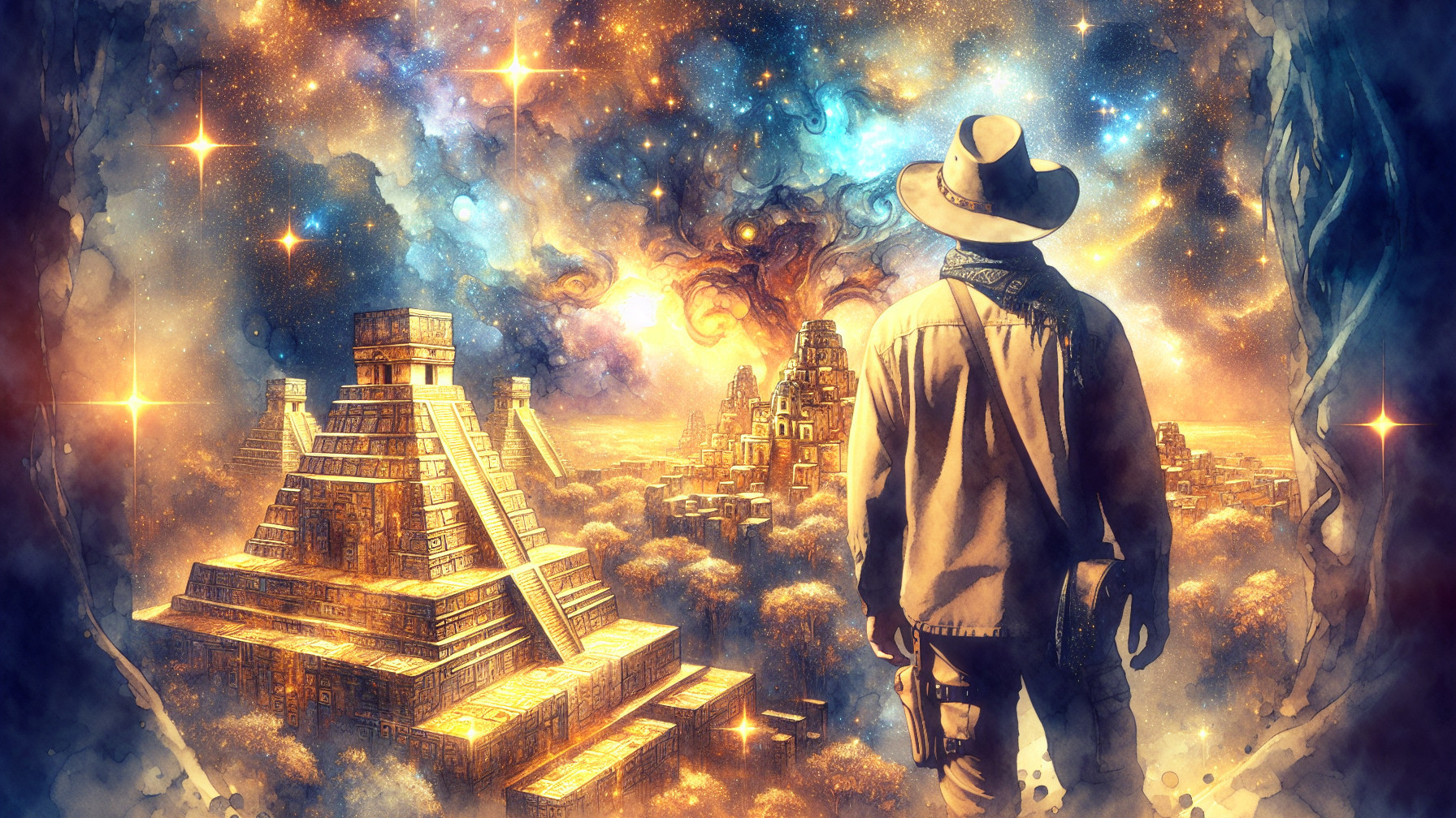 Lone Explorer in a Vibrant Cosmic Landscape with Pyramids