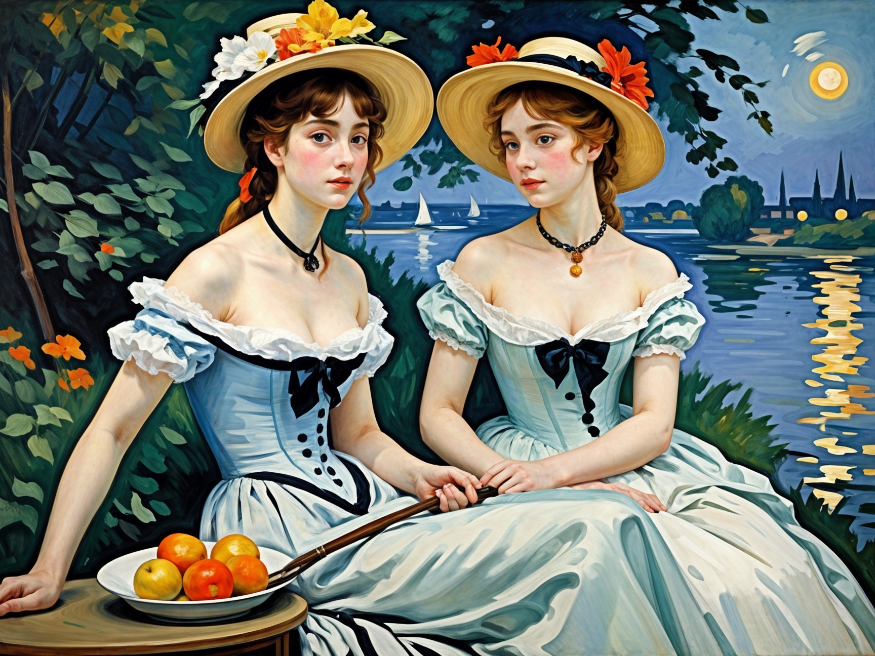 Two Women by a Lakeside at Dusk in Elegant Dresses