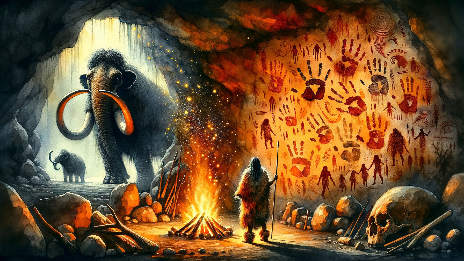 Prehistoric Cave with Fire, Hunter, and Mammoths